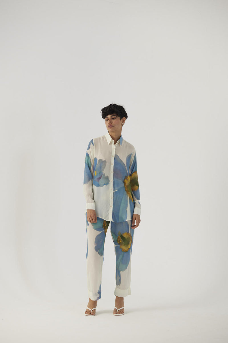 BLUE POPPIES CREPE COORD SET Co-ord Sets by Yam in white color for women in Singapore