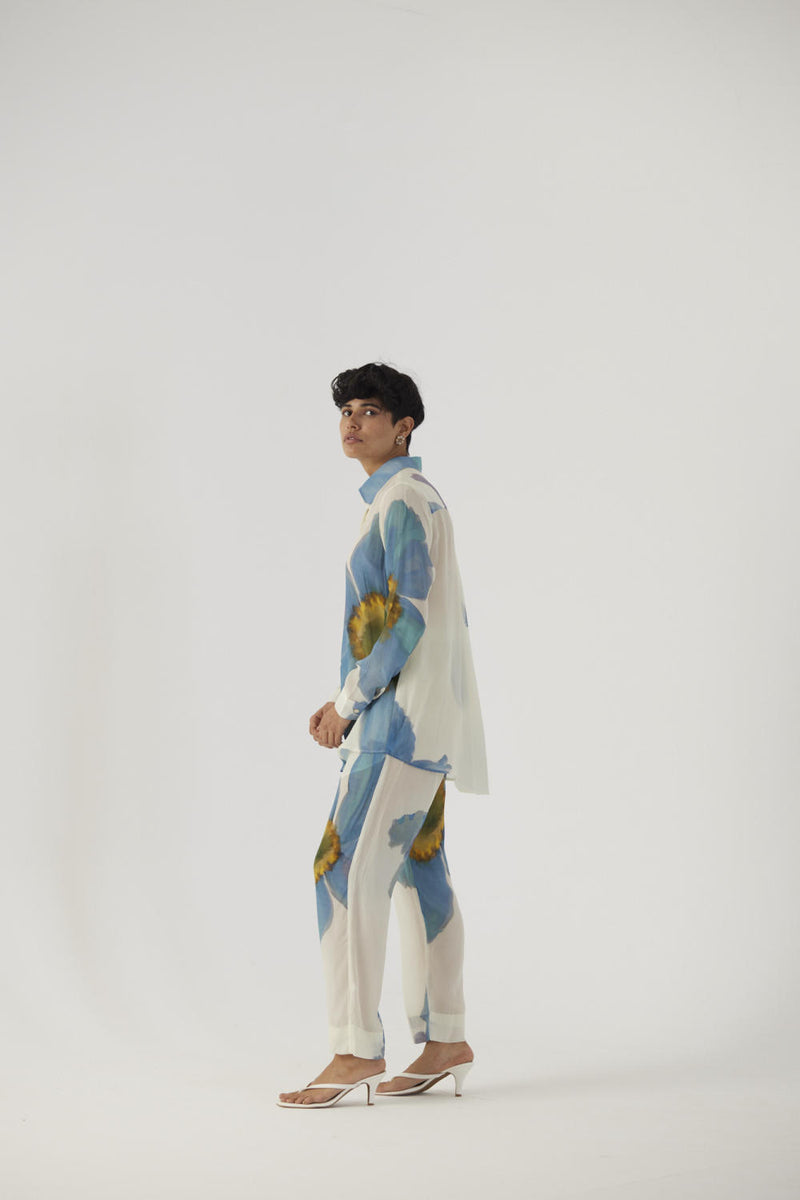 BLUE POPPIES CREPE COORD SET Co-ord Sets by Yam in white color for women in Singapore