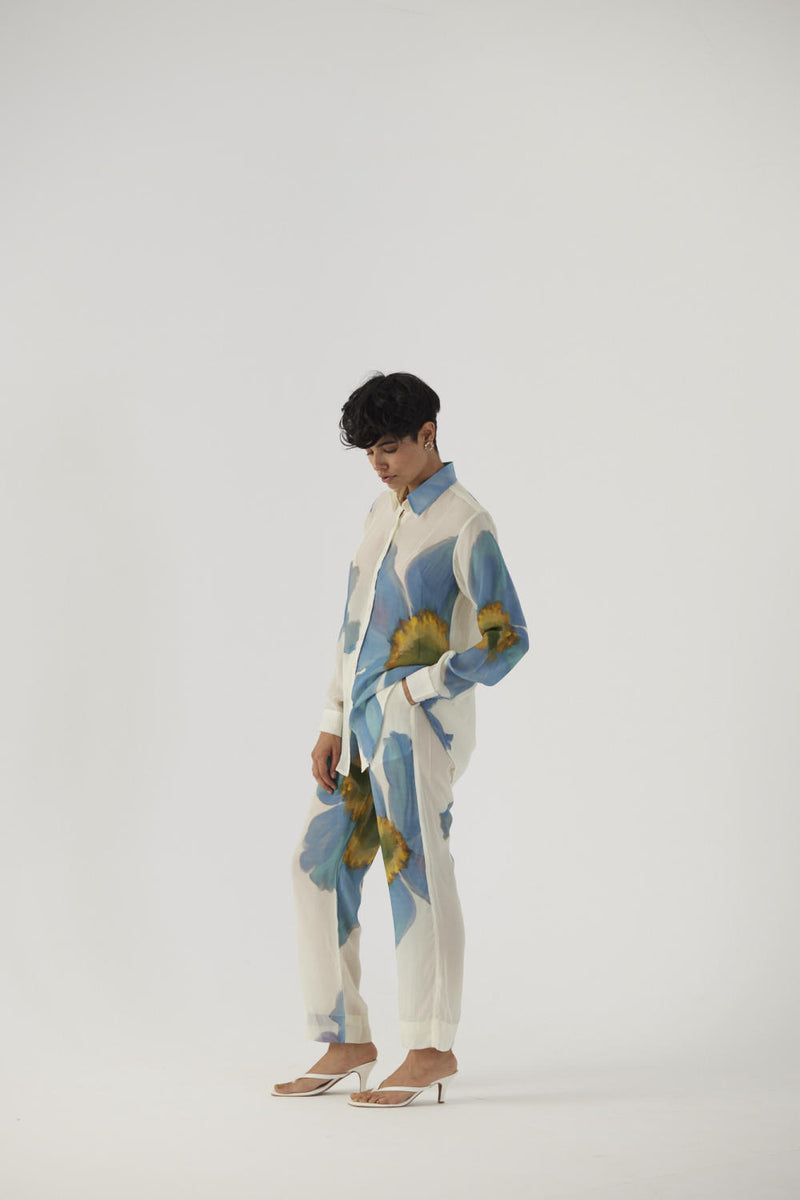 BLUE POPPIES CREPE COORD SET Co-ord Sets by Yam in white color for women in Singapore