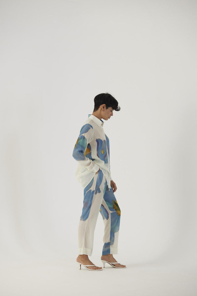 BLUE POPPIES CREPE COORD SET Co-ord Sets by Yam in white color for women in Singapore