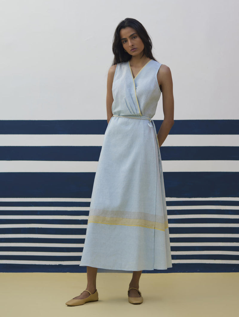 Ava Border Linen Wrap Dress
- Sky linen by Manan in blue color for women in Singapore