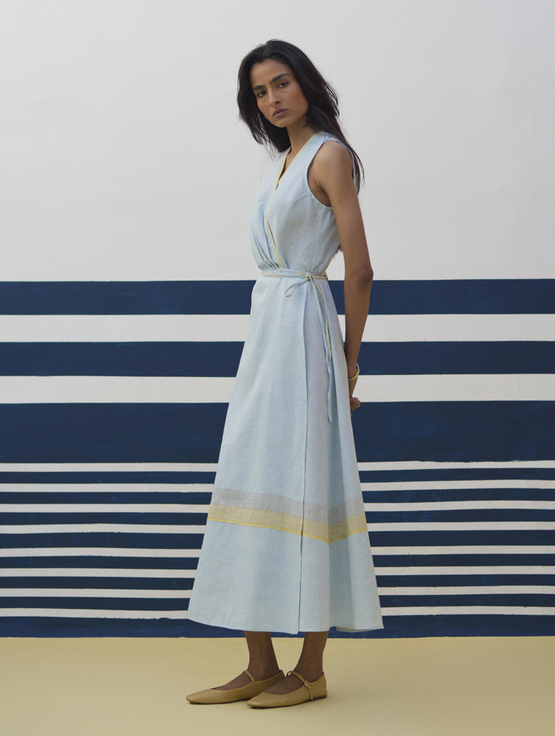 Ava Border Linen Wrap Dress
- Sky linen by Manan in blue color for women in Singapore