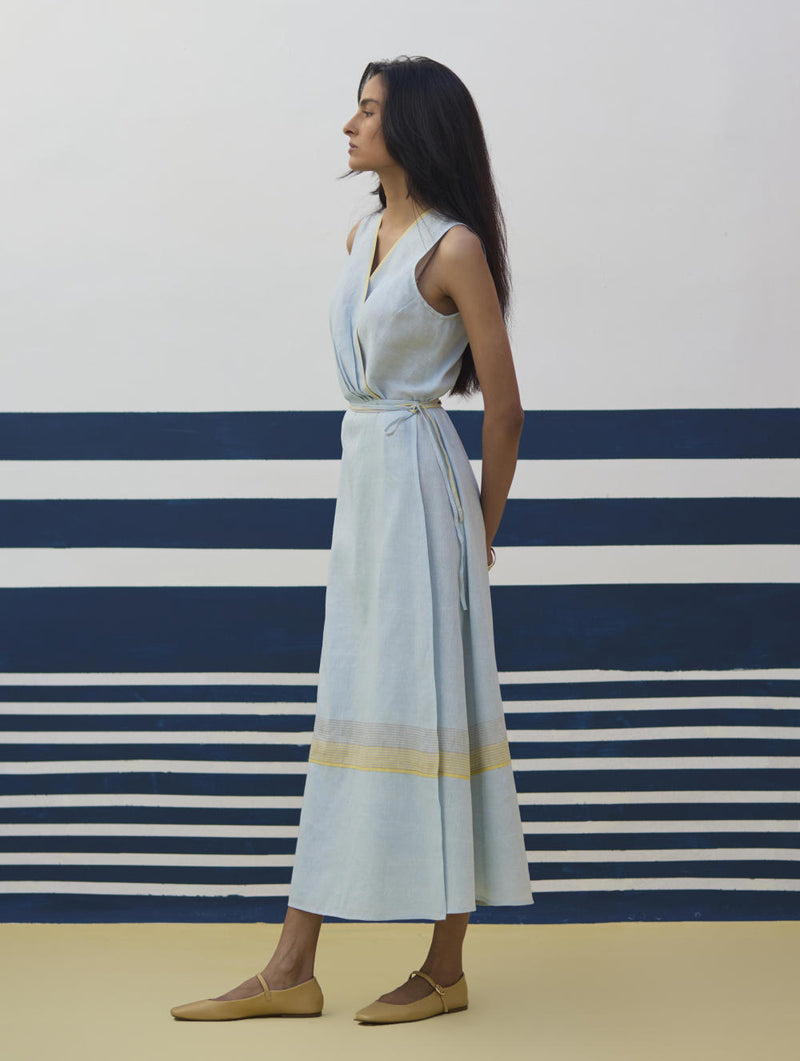 Ava Border Linen Wrap Dress
- Sky linen by Manan in blue color for women in Singapore