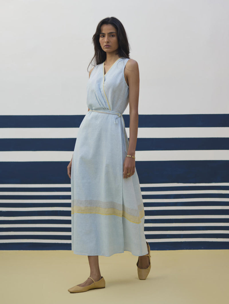 Ava Border Linen Wrap Dress
- Sky linen by Manan in blue color for women in Singapore