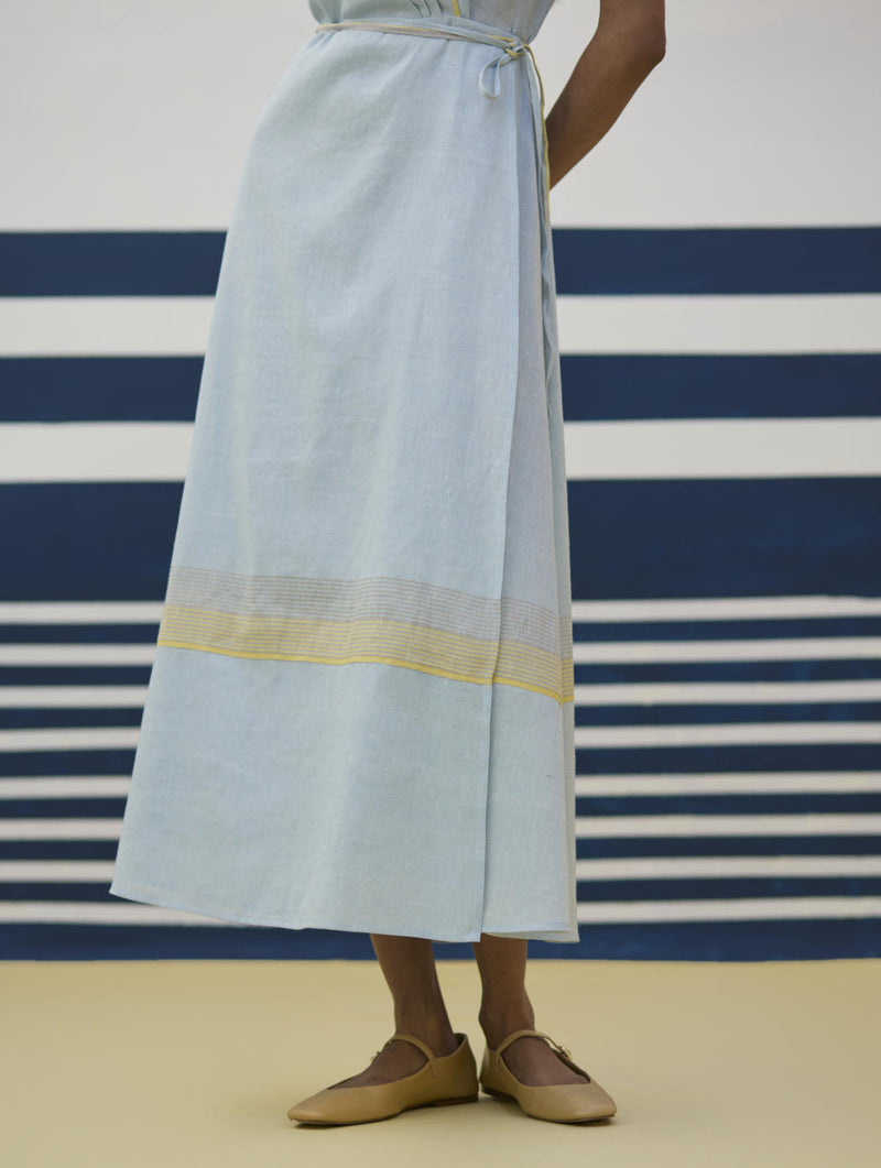 Ava Border Linen Wrap Dress
- Sky linen by Manan in blue color for women in Singapore