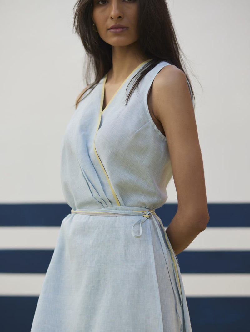 Ava Border Linen Wrap Dress
- Sky linen by Manan in blue color for women in Singapore