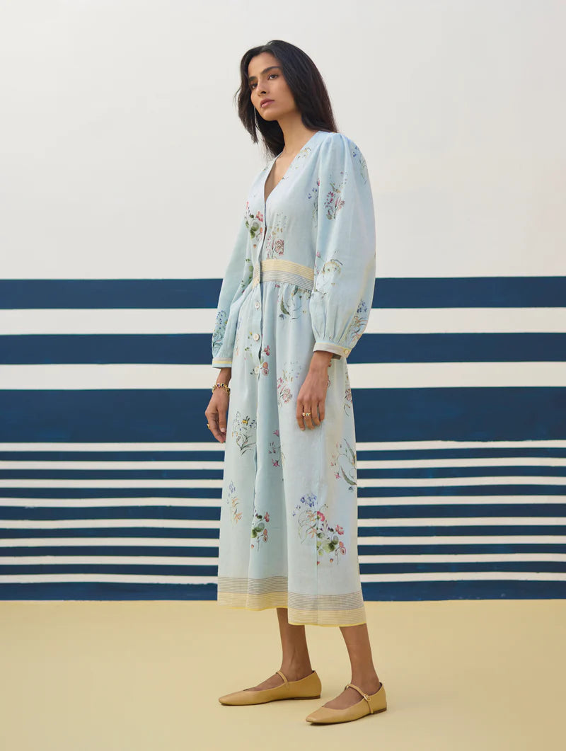 Greta Floral Linen Dress - Sky linen by Manan in blue color for women in Singapore