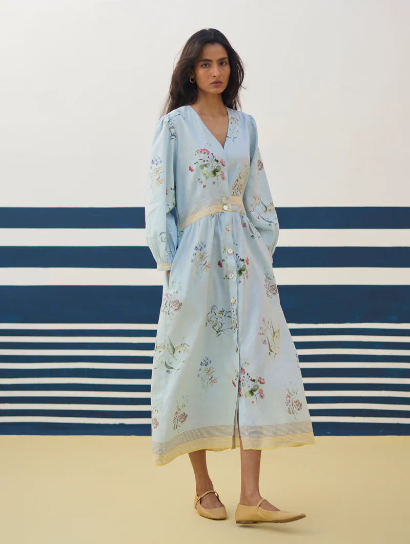 Greta Floral Linen Dress - Sky linen by Manan in blue color for women in Singapore