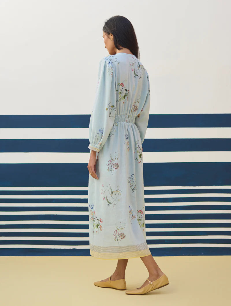Greta Floral Linen Dress - Sky linen by Manan in blue color for women in Singapore