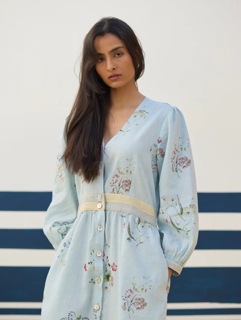 Greta Floral Linen Dress - Sky linen by Manan in blue color for women in Singapore