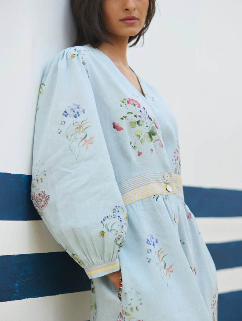 Greta Floral Linen Dress - Sky linen by Manan in blue color for women in Singapore