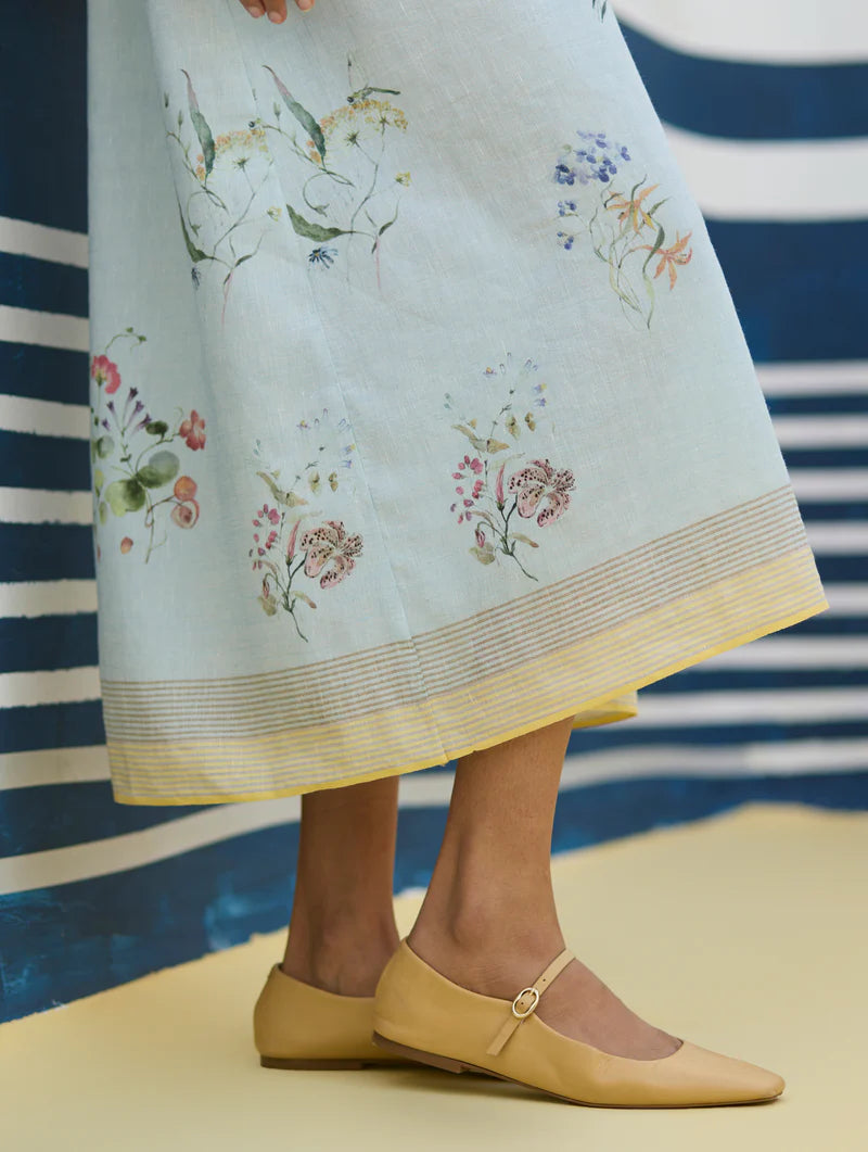 Greta Floral Linen Dress - Sky linen by Manan in blue color for women in Singapore