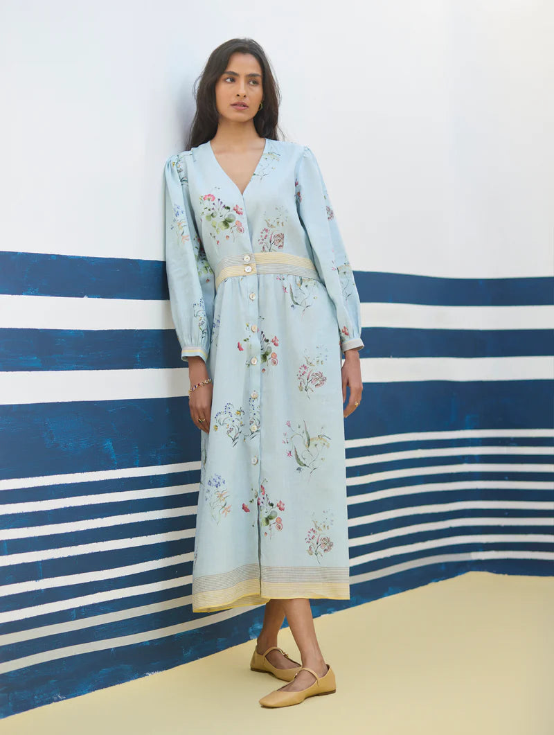 Greta Floral Linen Dress - Sky linen by Manan in blue color for women in Singapore
