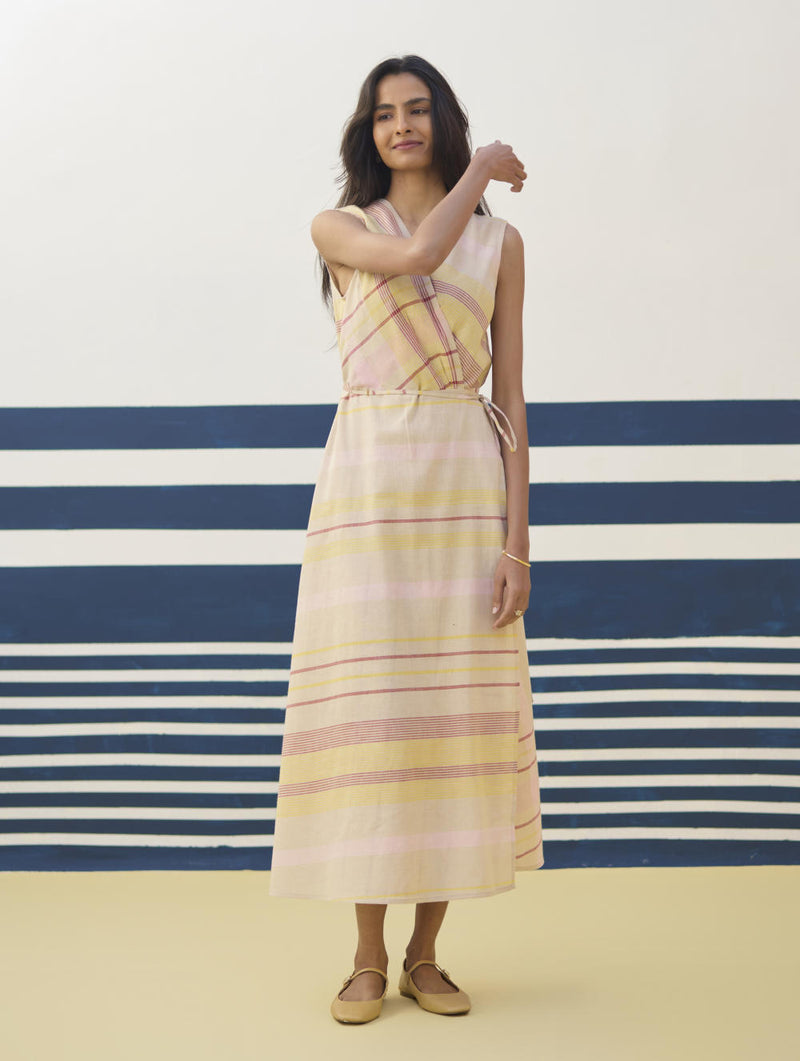 Ava Check Linen Wrap Dress
- Sand linen by Manan in natural color for women in Singapore