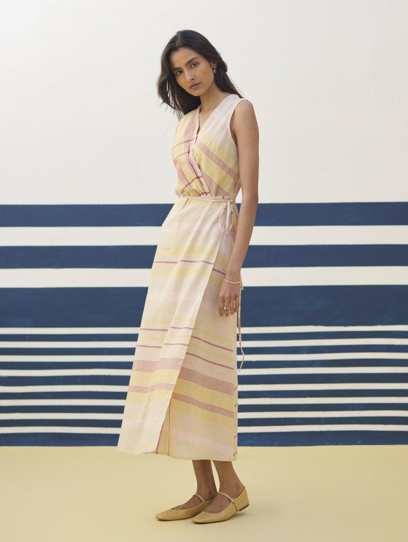 Ava Check Linen Wrap Dress
- Sand linen by Manan in natural color for women in Singapore
