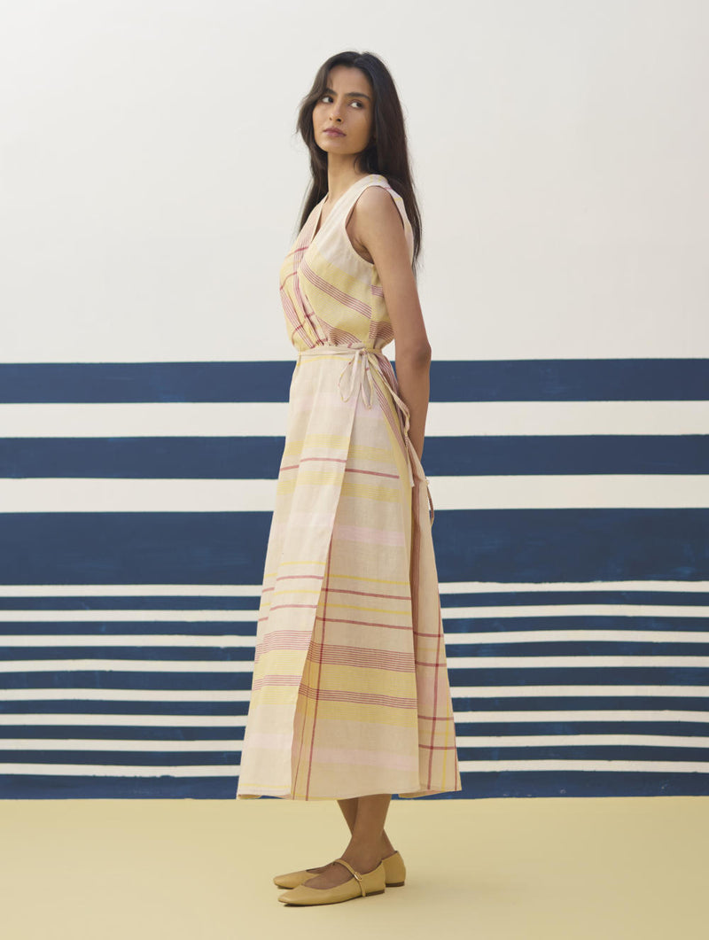 Ava Check Linen Wrap Dress
- Sand linen by Manan in natural color for women in Singapore