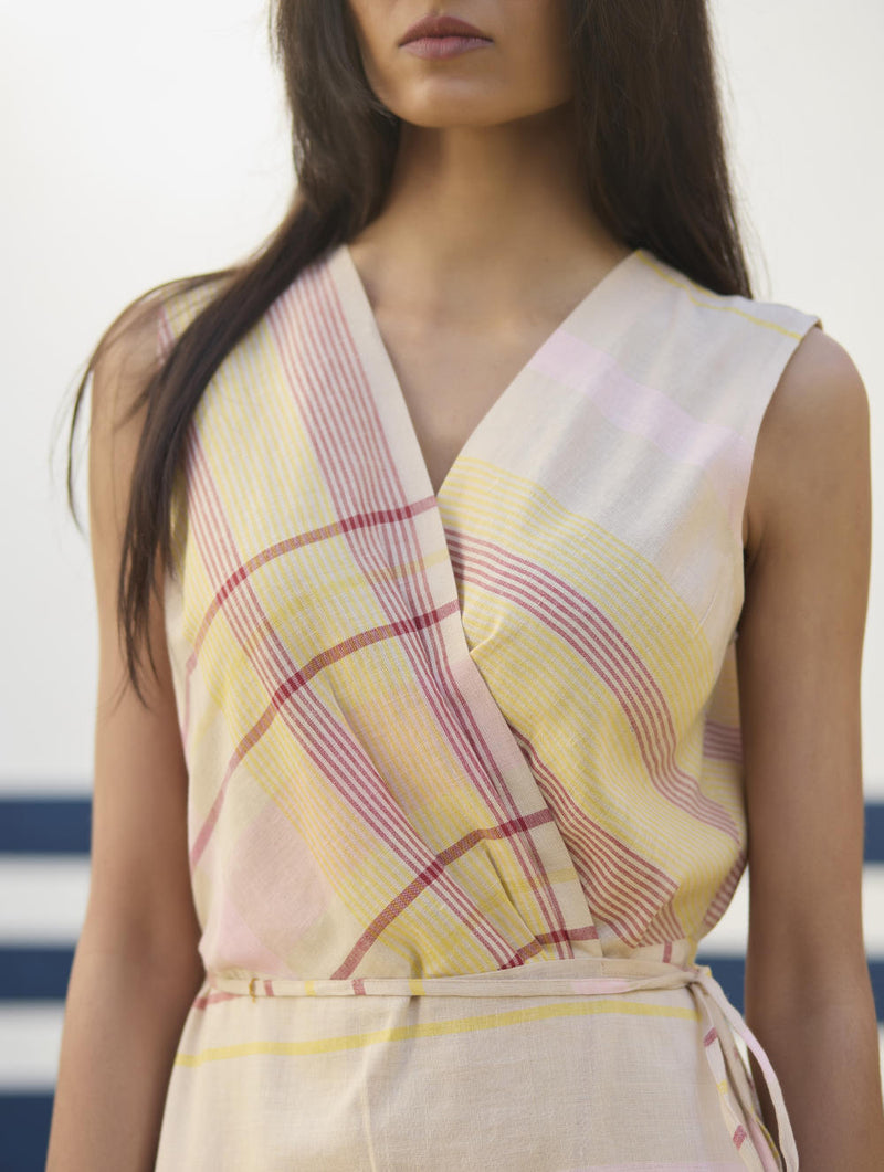Ava Check Linen Wrap Dress
- Sand linen by Manan in natural color for women in Singapore