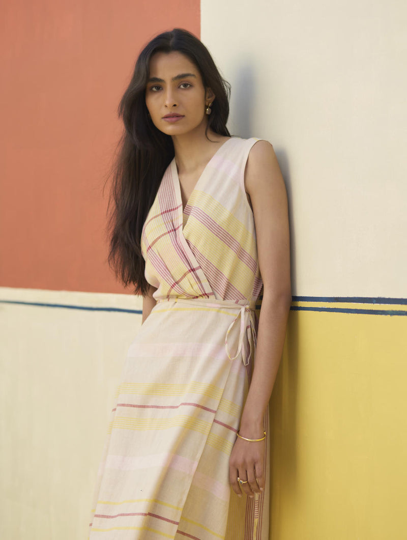 Ava Check Linen Wrap Dress
- Sand linen by Manan in natural color for women in Singapore