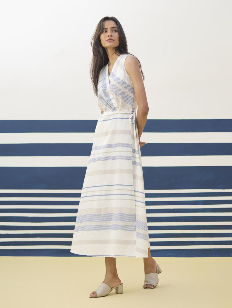 Ava Check Linen Wrap Dress
- Ivory linen by Manan in ivory color for women in Singapore