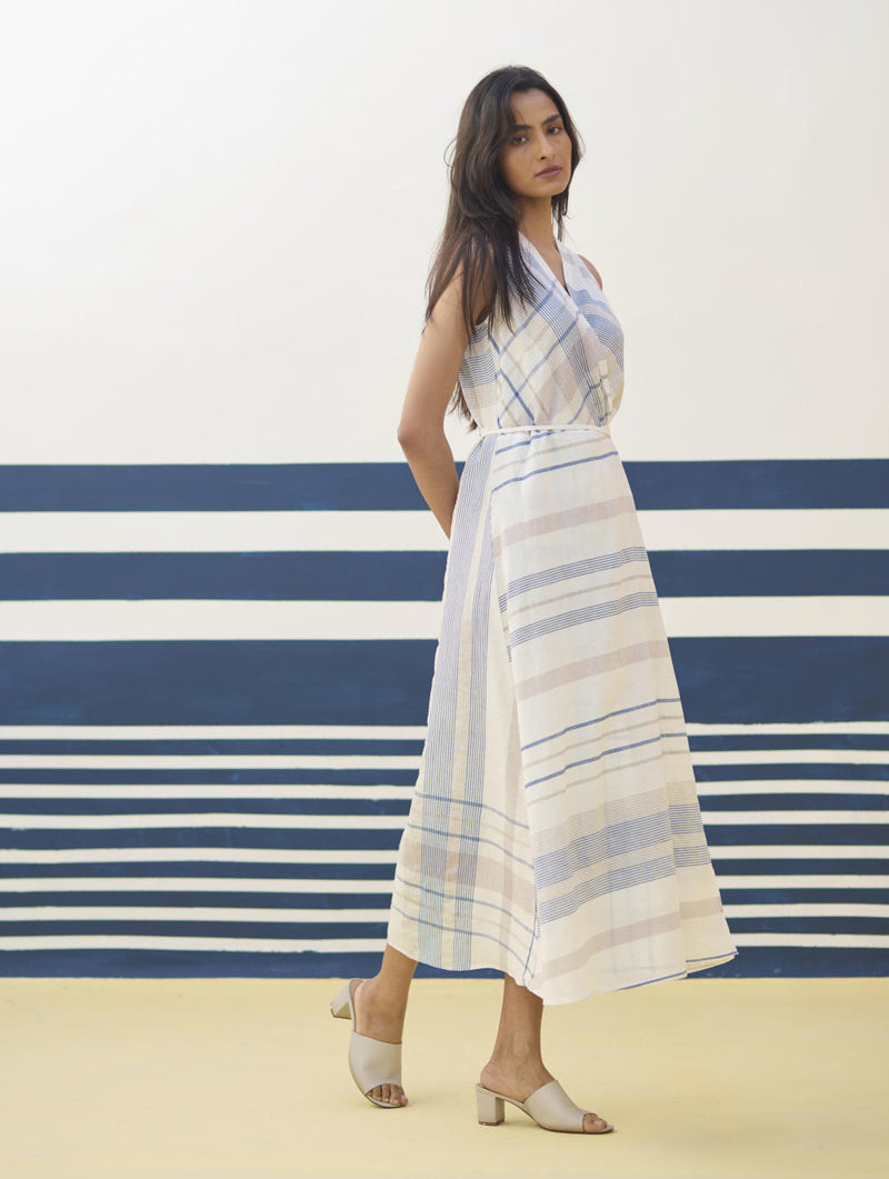 Ava Check Linen Wrap Dress
- Ivory linen by Manan in ivory color for women in Singapore
