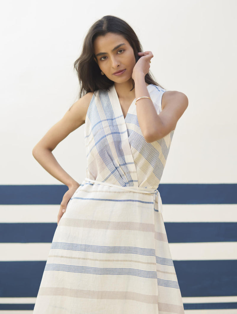 Ava Check Linen Wrap Dress
- Ivory linen by Manan in ivory color for women in Singapore