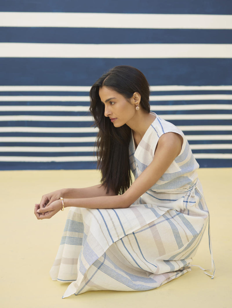 Ava Check Linen Wrap Dress
- Ivory linen by Manan in ivory color for women in Singapore