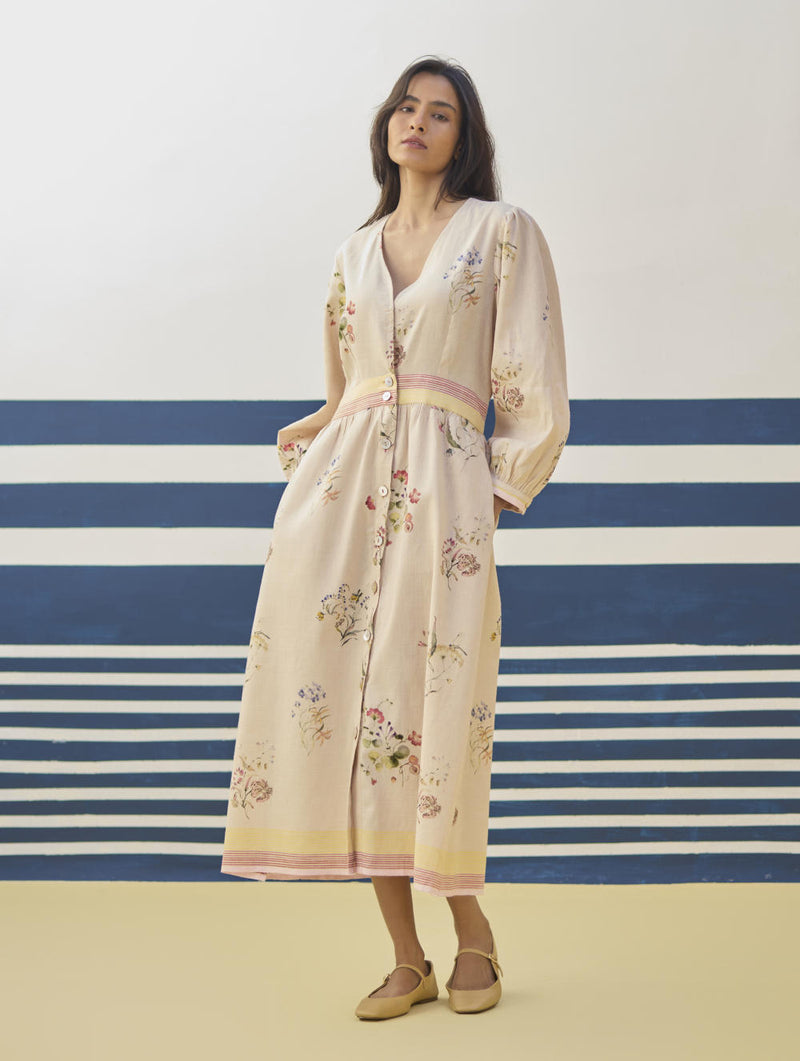 Greta Floral Linen Dress - Sand linen by Manan in natural color for women in Singapore