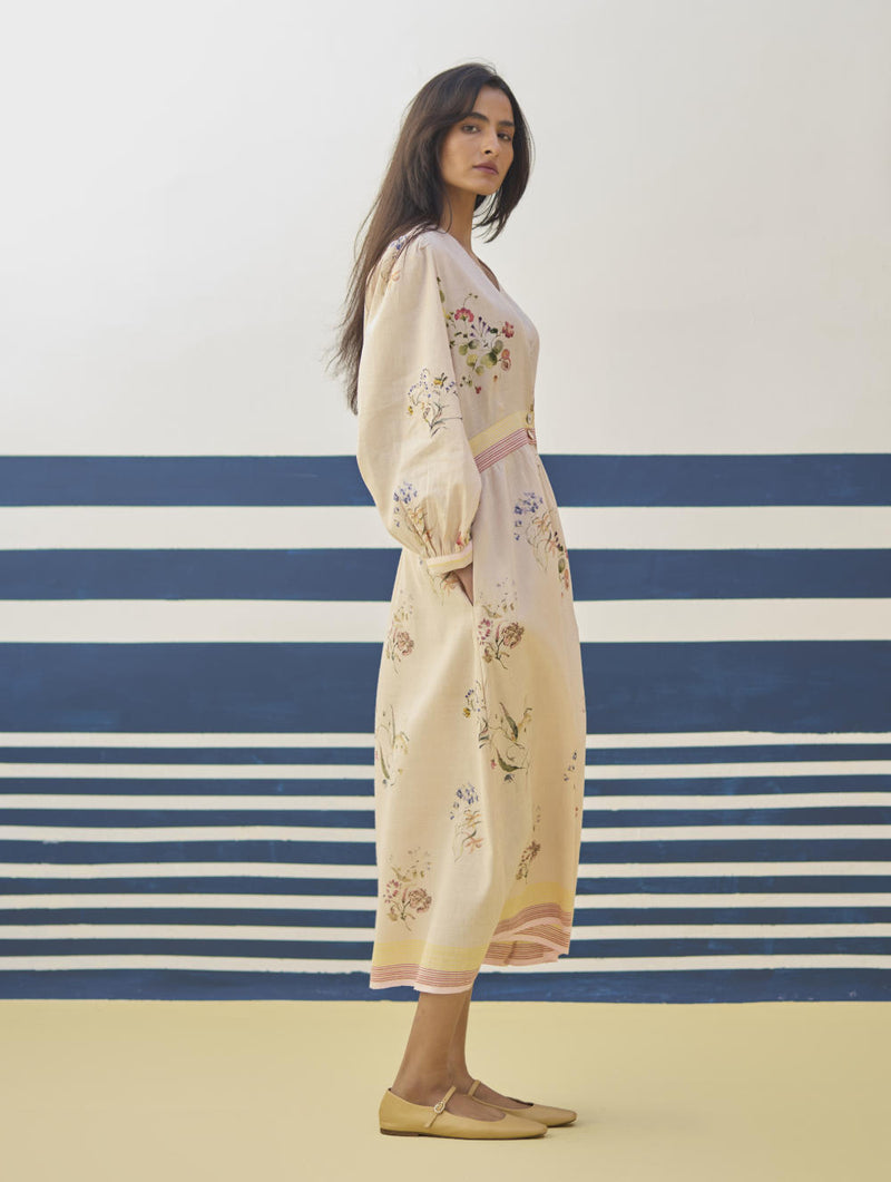 Greta Floral Linen Dress - Sand linen by Manan in natural color for women in Singapore