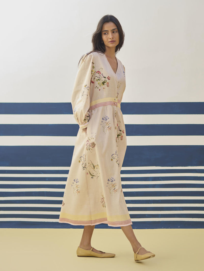 Greta Floral Linen Dress - Sand linen by Manan in natural color for women in Singapore