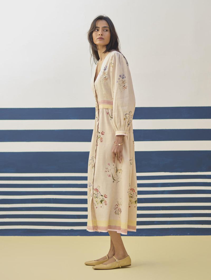 Greta Floral Linen Dress - Sand linen by Manan in natural color for women in Singapore