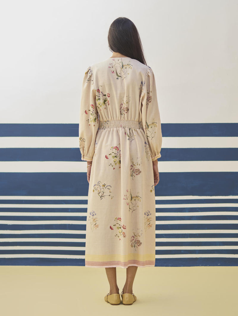 Greta Floral Linen Dress - Sand linen by Manan in natural color for women in Singapore