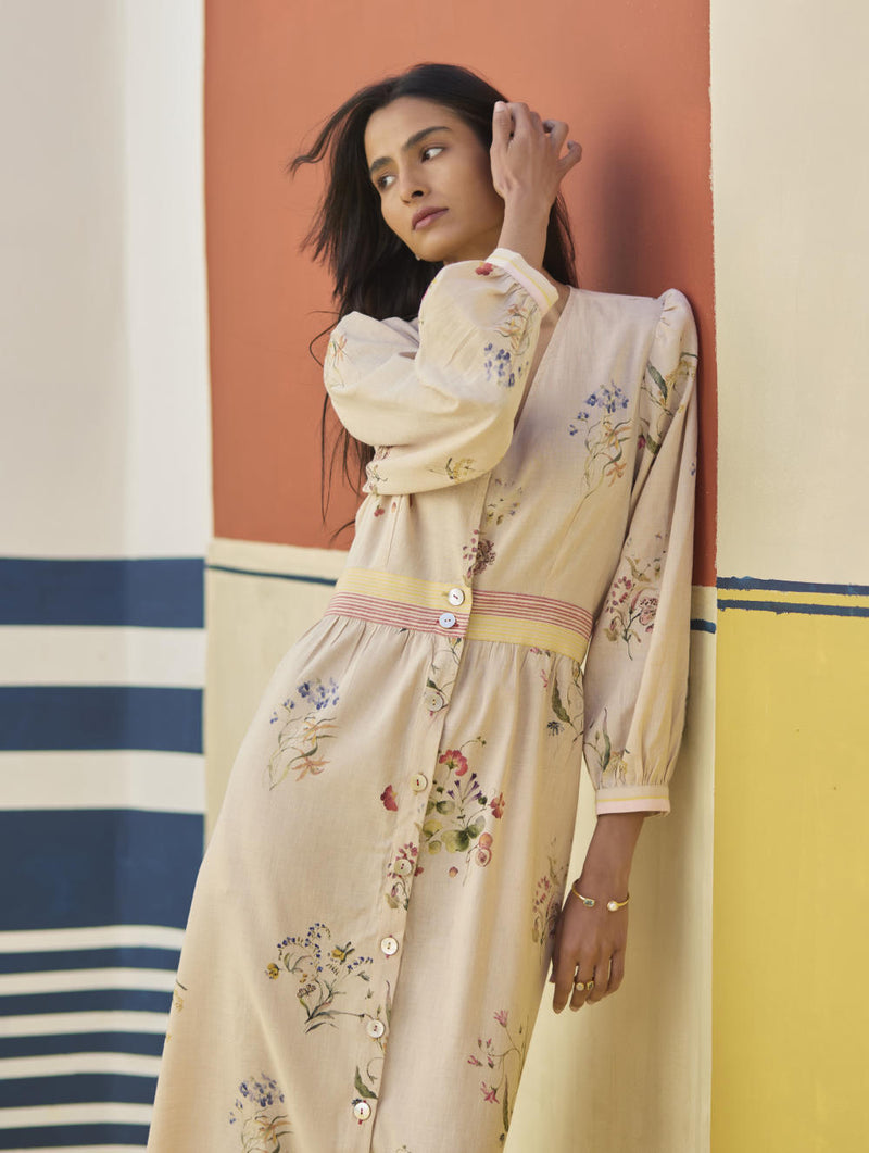 Greta Floral Linen Dress - Sand linen by Manan in natural color for women in Singapore