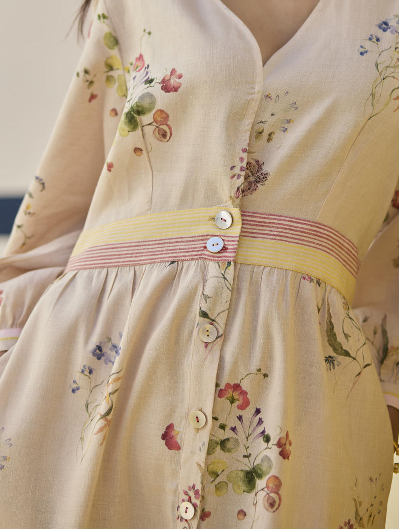 Greta Floral Linen Dress - Sand linen by Manan in natural color for women in Singapore