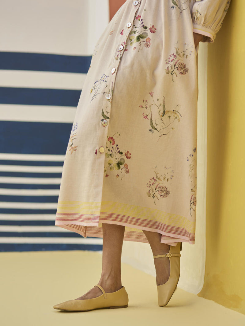 Greta Floral Linen Dress - Sand linen by Manan in natural color for women in Singapore