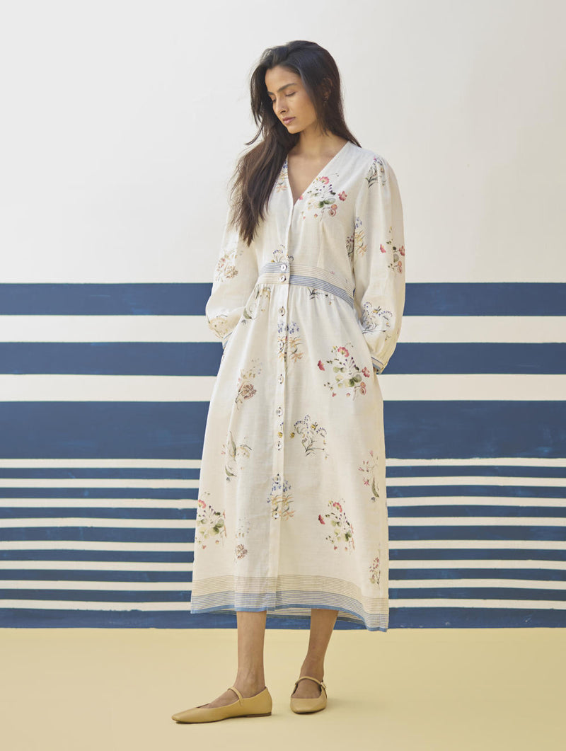 Greta Floral Linen Dress - Ivory linen by Manan in ivory color for women in Singapore