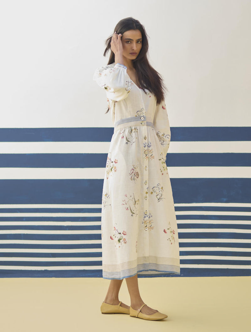 Greta Floral Linen Dress - Ivory linen by Manan in ivory color for women in Singapore