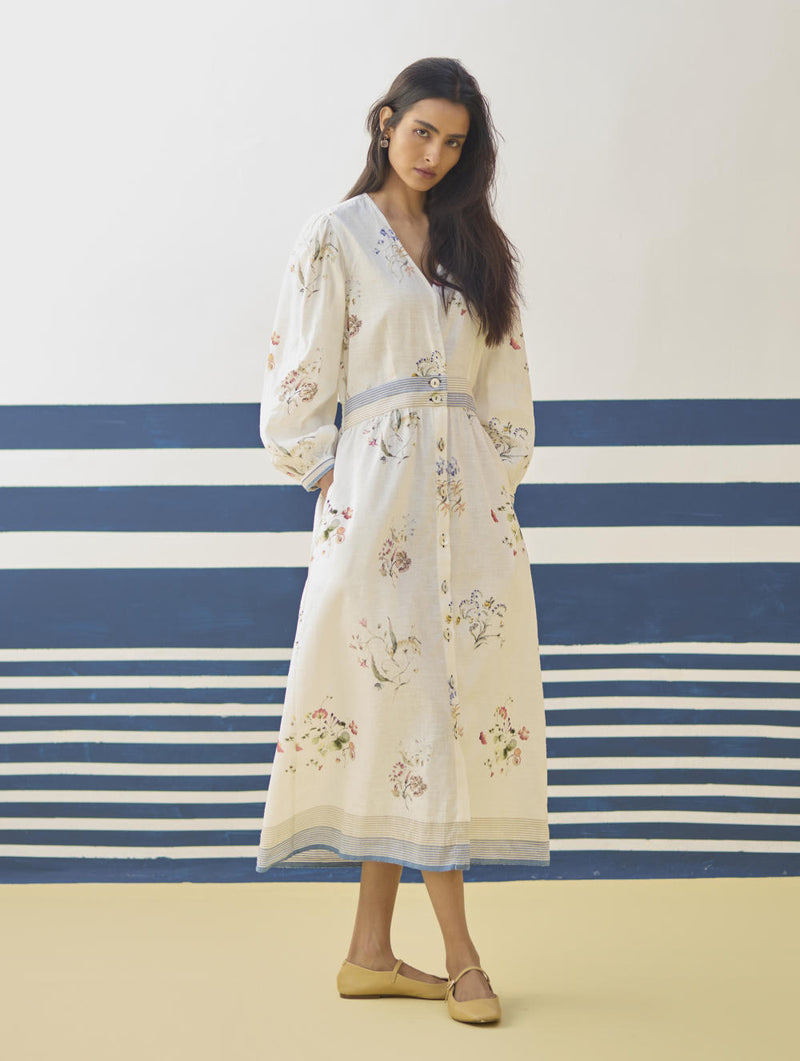 Greta Floral Linen Dress - Ivory linen by Manan in ivory color for women in Singapore