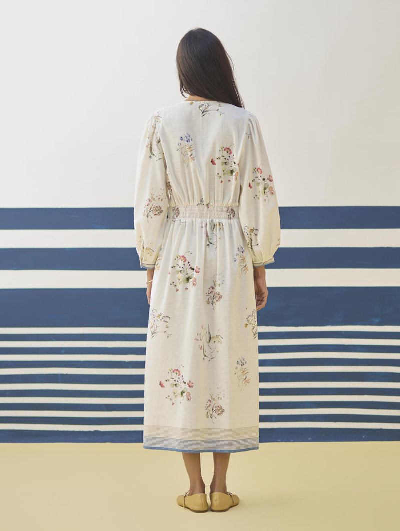 Greta Floral Linen Dress - Ivory linen by Manan in ivory color for women in Singapore