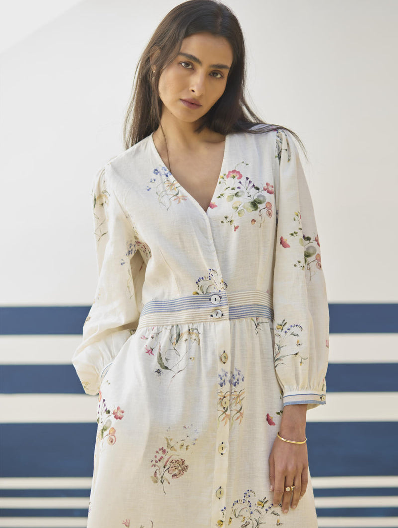 Greta Floral Linen Dress - Ivory linen by Manan in ivory color for women in Singapore