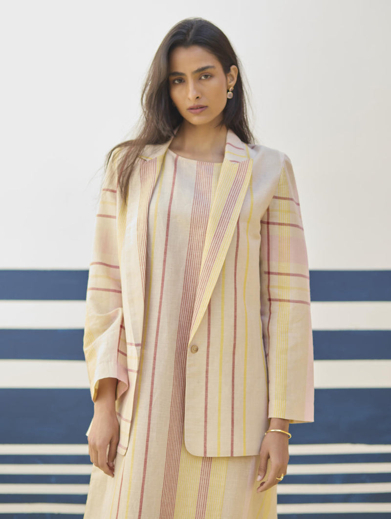 Inara Check Linen Dress With Blazer
- Sand linen by Manan in natural color for women in Singapore