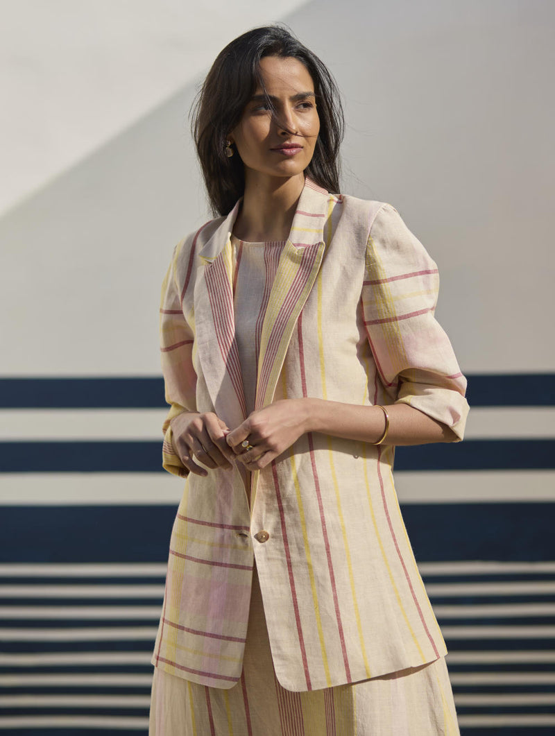Inara Check Linen Dress With Blazer
- Sand linen by Manan in natural color for women in Singapore