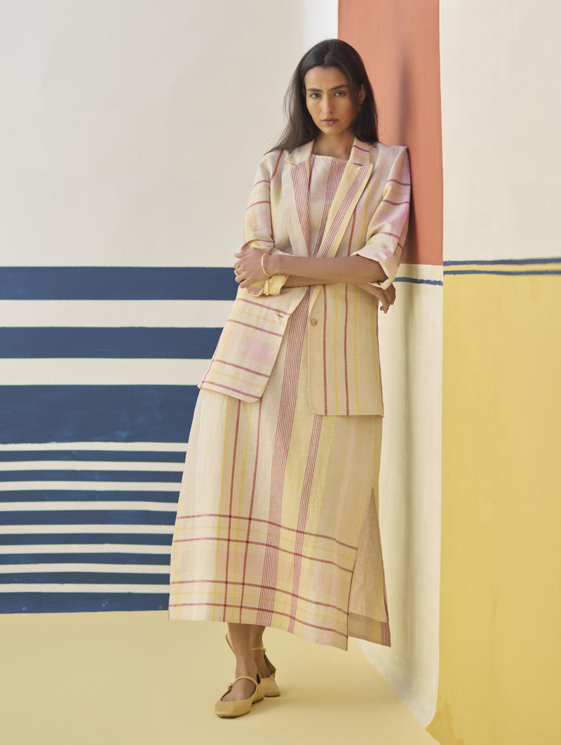 Inara Check Linen Dress With Blazer
- Sand linen by Manan in natural color for women in Singapore