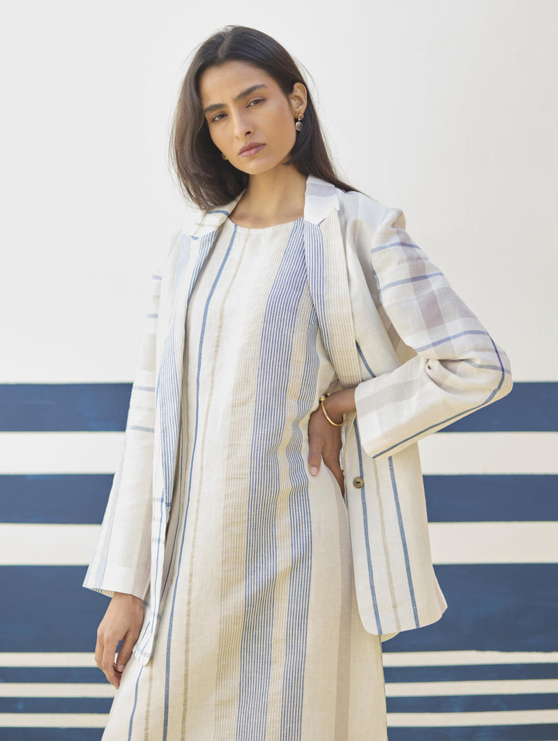 Inara Check Linen Dress With Blazer
- Ivory linen by Manan in ivory color for women in Singapore