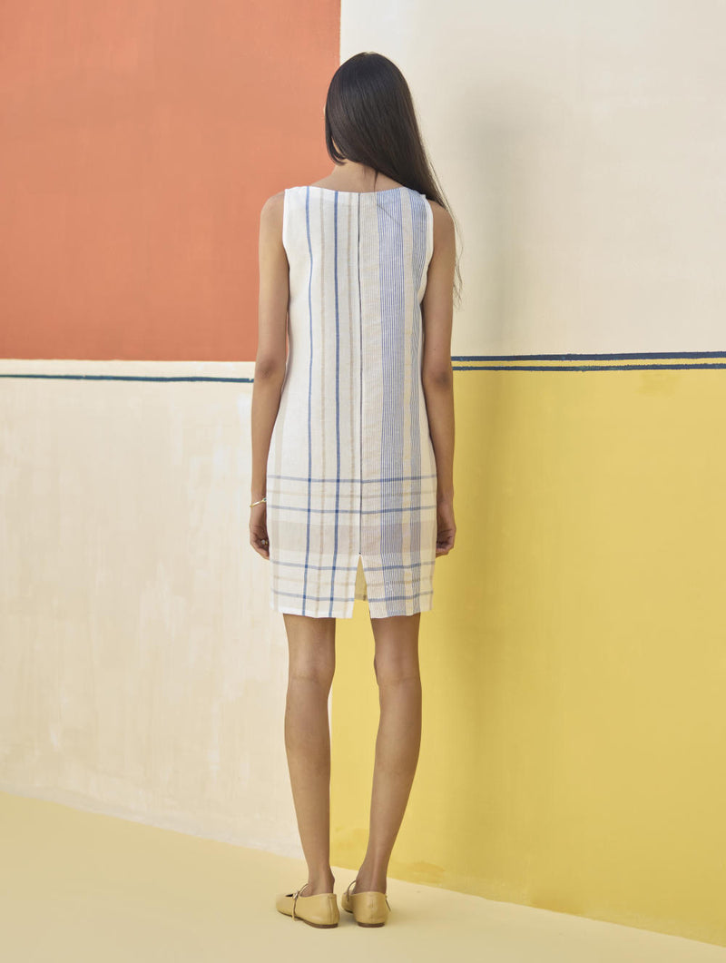 Nora Check Linen Shift Dress - Ivory linen by Manan in ivory color for women in Singapore