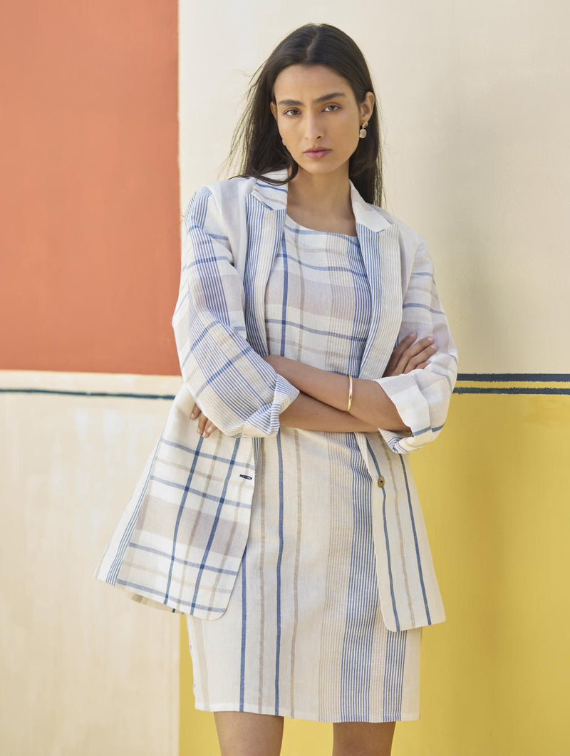 Nora Check Shift Dress With Blazer
 - Ivory linen by Manan in ivory color for women in Singapore