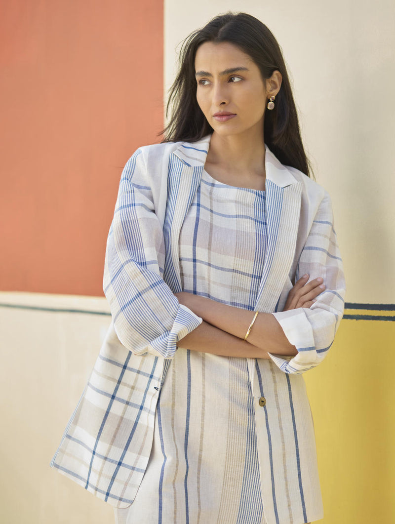 Nora Check Shift Dress With Blazer
 - Ivory linen by Manan in ivory color for women in Singapore