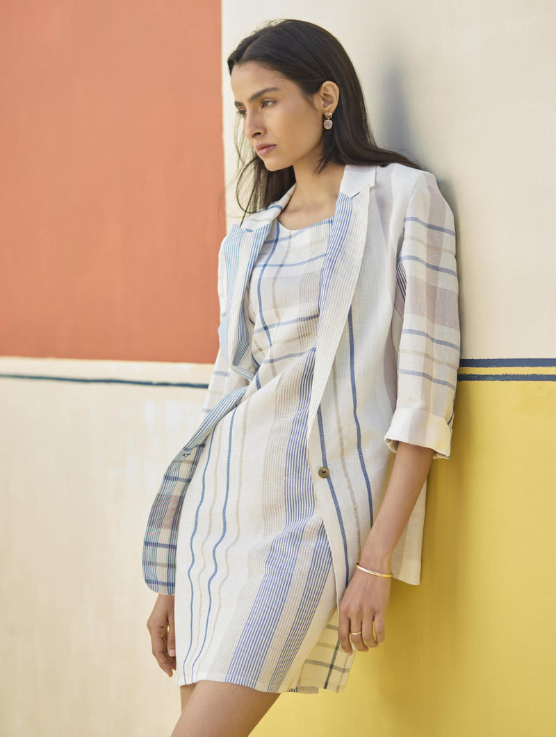 Nora Check Shift Dress With Blazer
 - Ivory linen by Manan in ivory color for women in Singapore