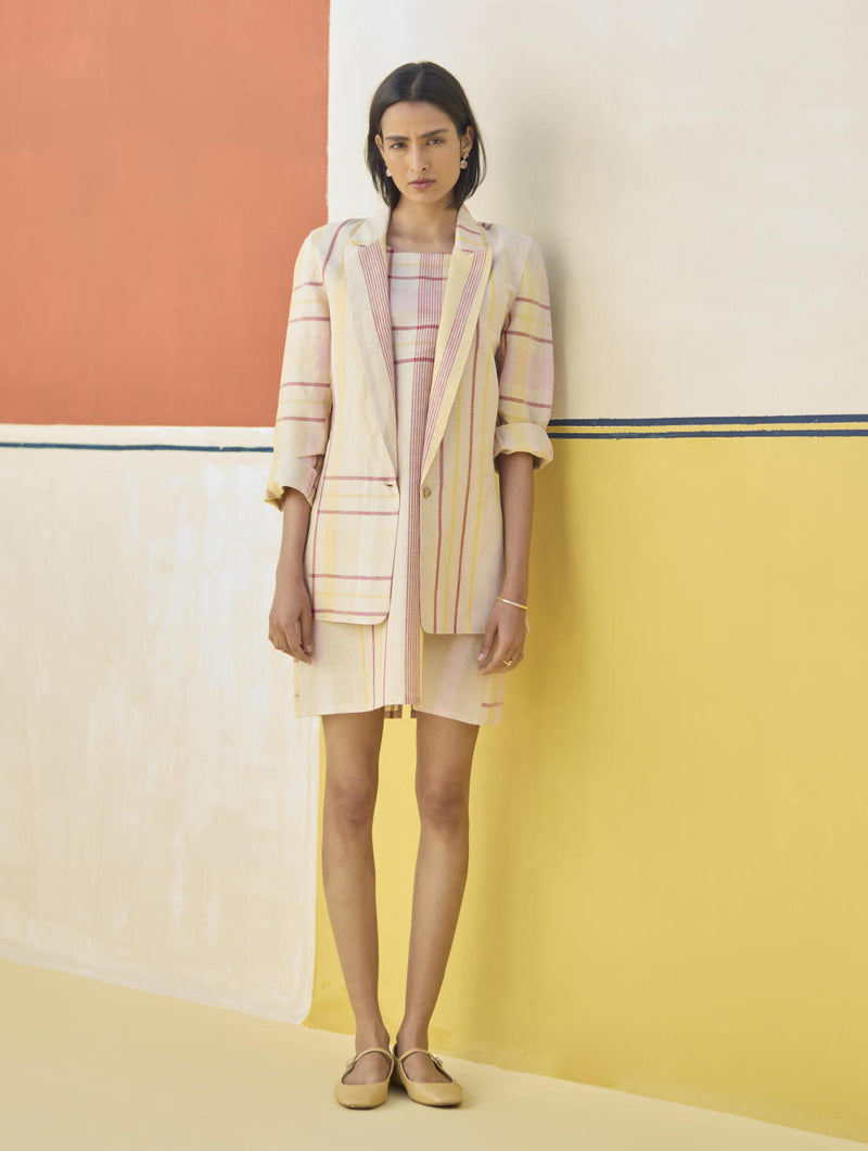 Nora Check Linen Shift Dress - Sand linen by Manan in natural color for women in Singapore