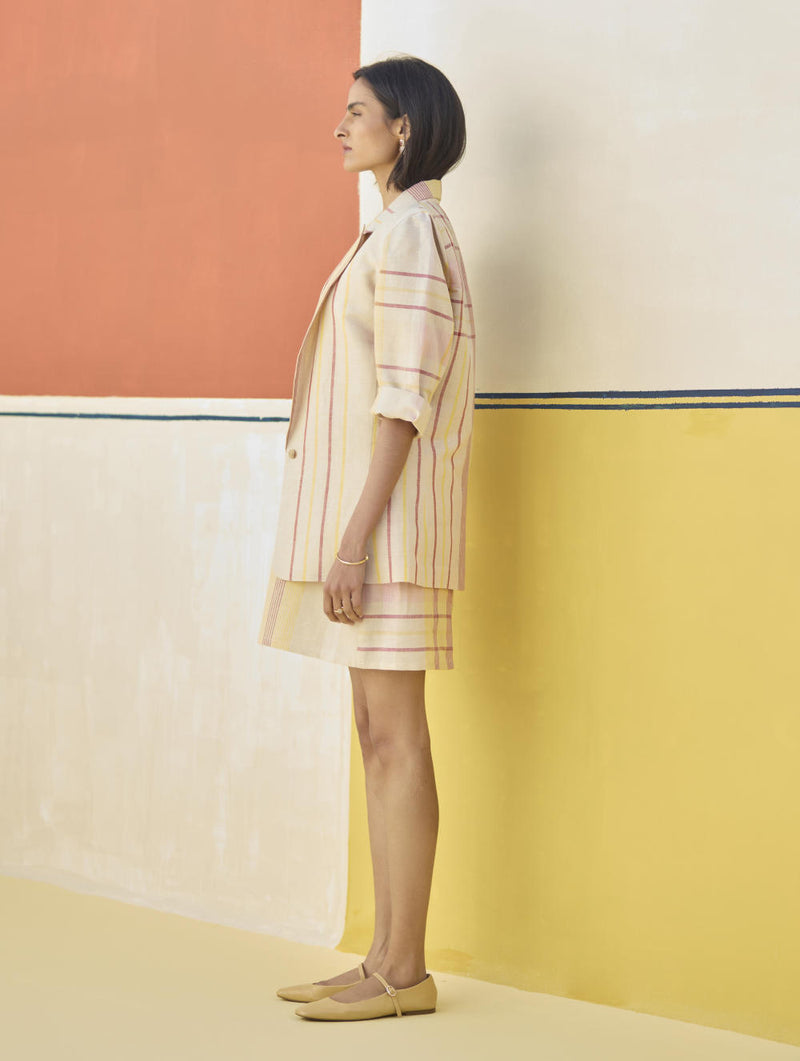 Nora Check Linen Shift Dress - Sand linen by Manan in natural color for women in Singapore