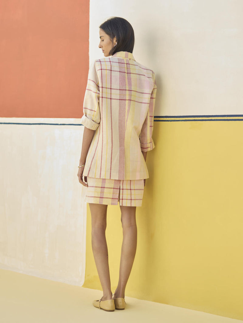 Nora Check Linen Shift Dress - Sand linen by Manan in natural color for women in Singapore